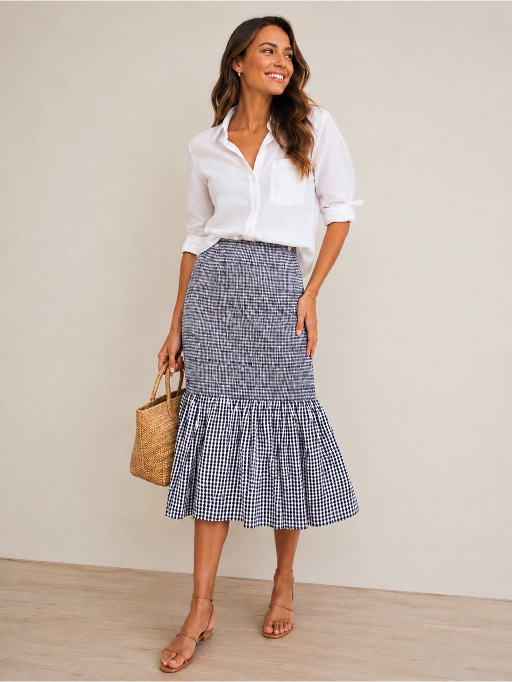 J.Crew Re-Imagined Smocked Gingham Trumpet Ruffle Midi 16 Skirt Blue White Check